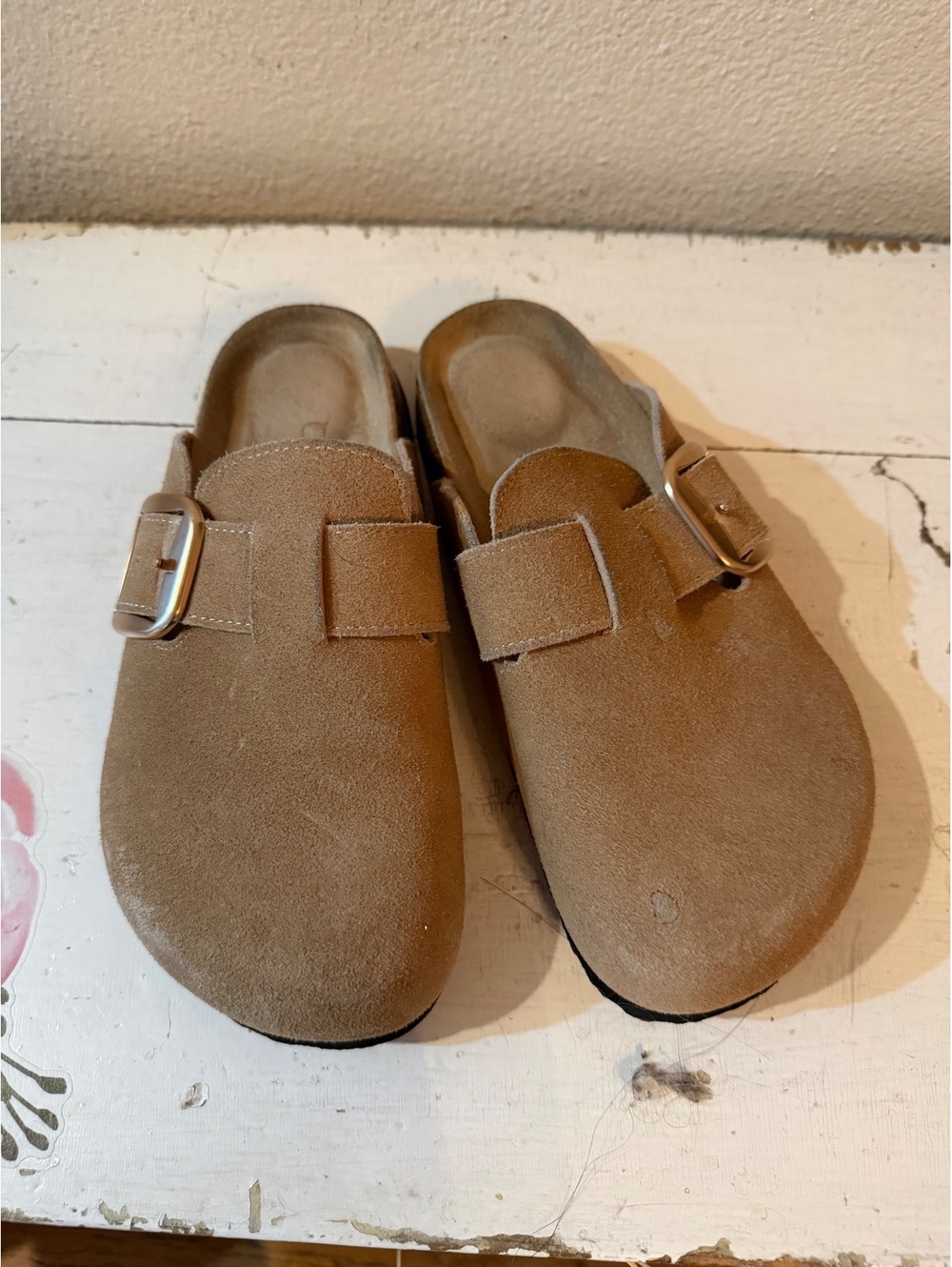 Tan Suede Slip-On Clogs with Adjustable Buckle, Size 37 EU